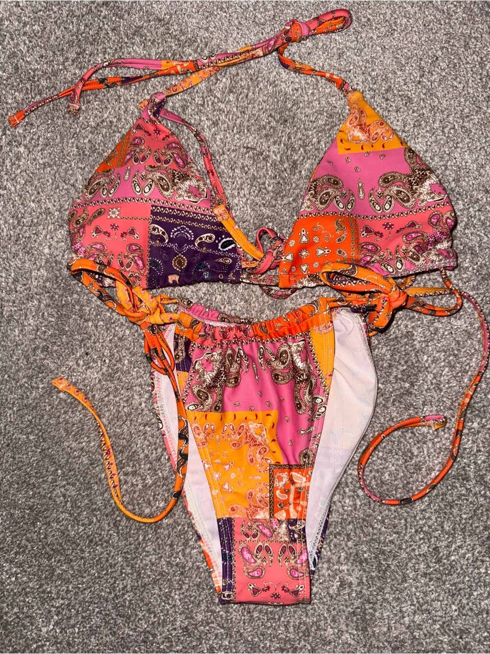 SHEIN Pink Orange Purple Patchwork Paisley Triangle Bikini